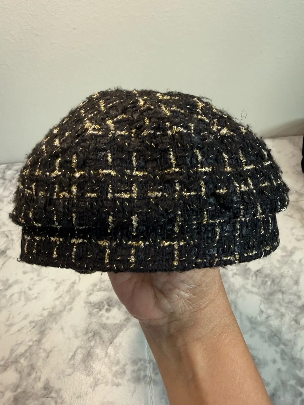 Vintage Y2K Juicy Couture Black Tweed Newsboy Cap with Gold Chain Accent